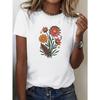 Women's White Short Sleeve Crew Neck T-Shirt with Elegant Dahlia Flower Print - Soft Casual Summer Blouse Top, Regular Fit for Daily Wear