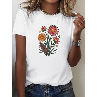 Damen Weißes Kurzarm Rundhals T-Shirt mit Eleganten Dahlienblumen-Print - Weiches Lässiges Sommer-Blusenoberteil, Normale Passform für den Täglichen Gebrauch