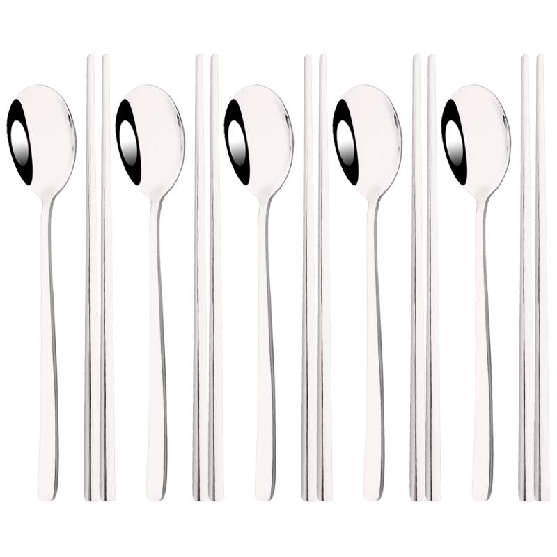 304 Stainless Steel Cutlery Set Sushi Sticks Dinner Spoons Set 10Pcs Dinnerware Korean Chopsticks Dessert Spoon Flatware Set