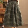 Spódnice midi w kratę w stylu vintage, damskie, workowate, z wysokim stanem, w kształcie litery A, grubsze, w stylu francuskim, z kieszeniami, spódnice damskie, modne, eleganckie
