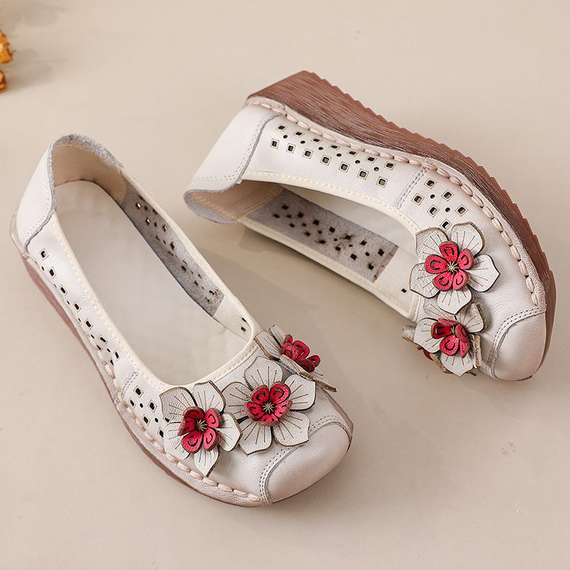 Fashion New Exquisite Cow Leather Wedged Flats Women Handmade Cutout Flower Moccasins Woman Antique Slip On Shoes Ladies Elegant Flats