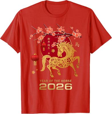 Jahr des Pferdes 2026 Shirt Feuriges Pferd Neujahr Weihnachten T-Shirts Mode Chinesisches Tierkreiszeichen T-Shirt Unisex 100% Baumwolle