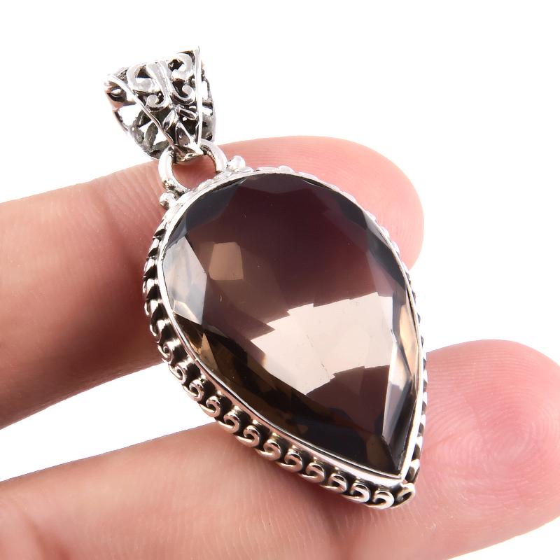 Natural Smoky Quartz Gemstone 925 Solid Sterling Silver Gift Pendant 1.6" r1R31