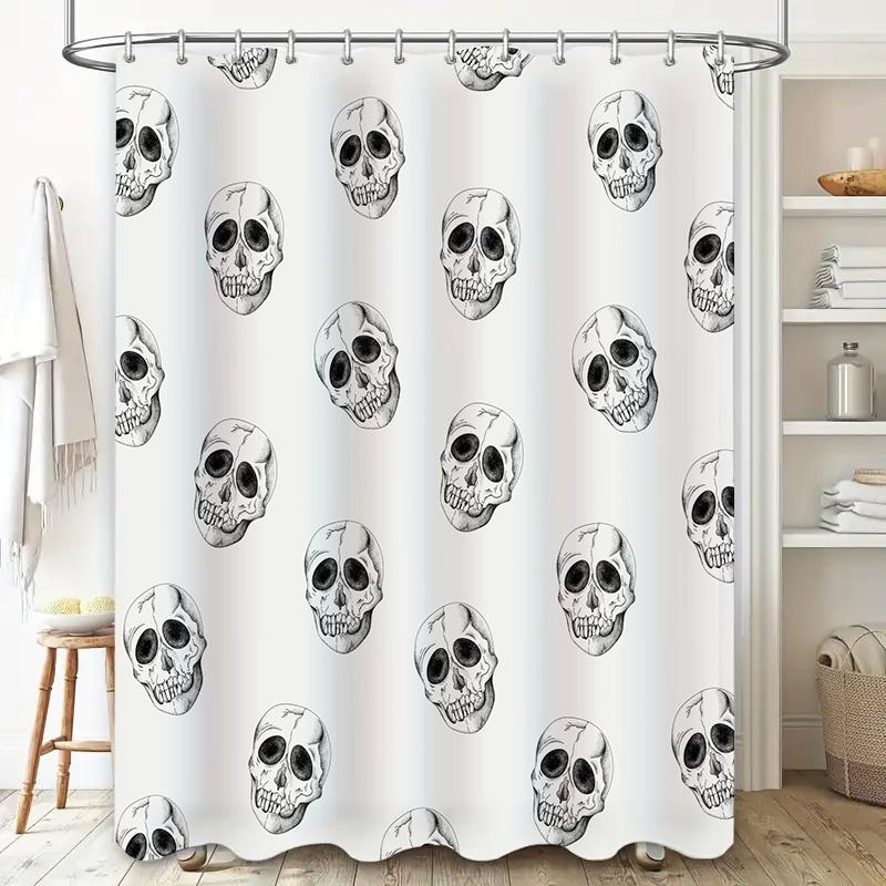 Skull Print Shower Curtain Waterproof Bath Decor Fabric Privacy Protection Home Accessories White with Black Skulls Pattern (180