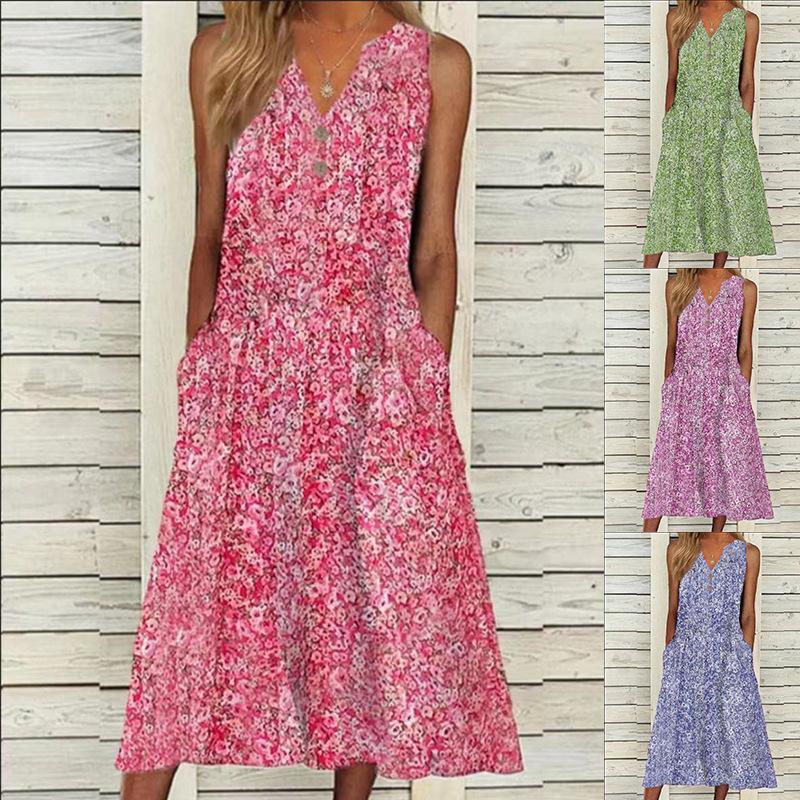 IHUASU Women's Summer Digital Printed V-Neck Floral Long Loose Sleeveless Women's Dresses