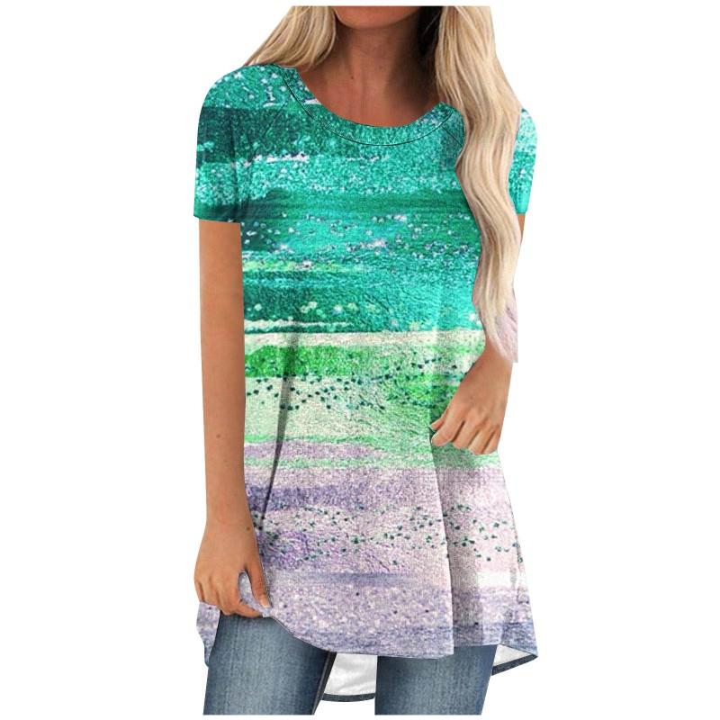 Womens Casual Short Sleeve T-Shirt With Starry Sky Digital Print Loose Fit Long Length Top 2025
