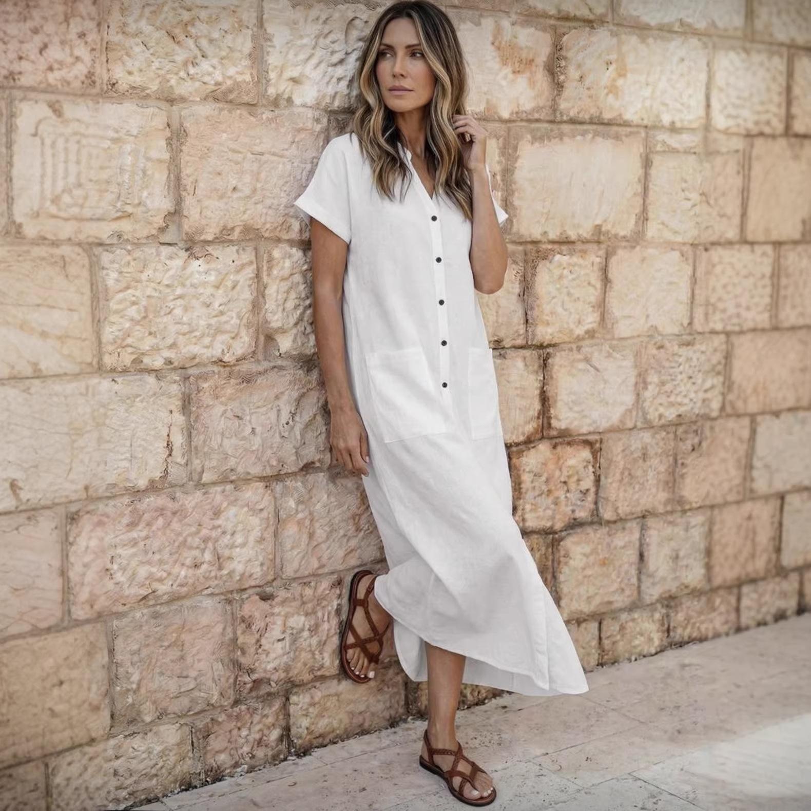 Popular, summer simple big V-neck button dress women s clothing S