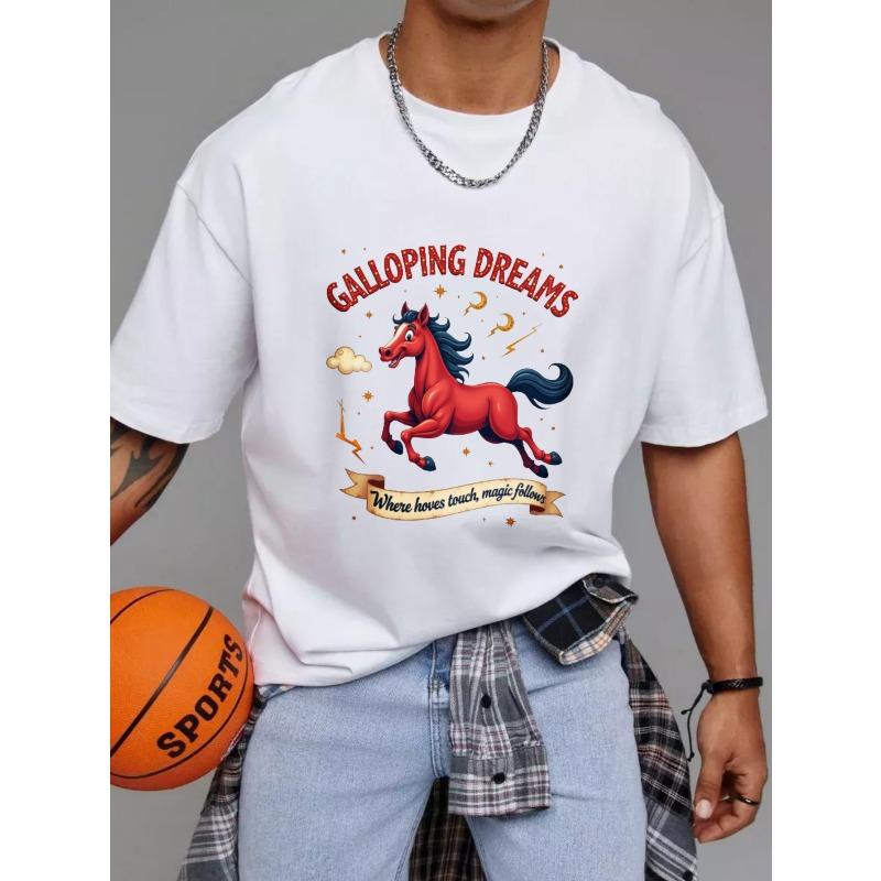 White T-Shirt Galloping Dreams Red Horse Magic Print for Casual Wear and Fantasy Lovers