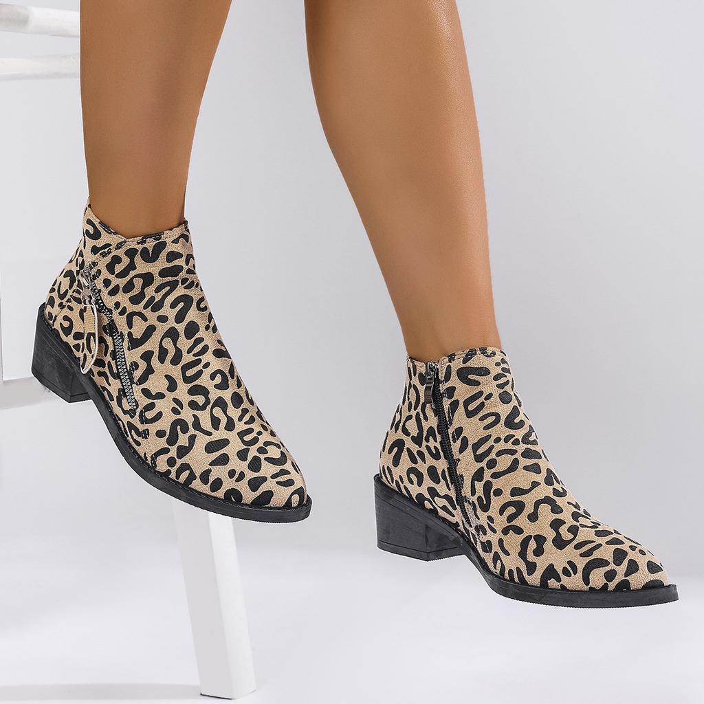 2025 Herbst neue spitze Leopardenmuster mittelhohe Stiefeletten Übergröße seitlicher Reißverschluss dicker Absatz europäisch-amerikanische Chelsea Boots Damen