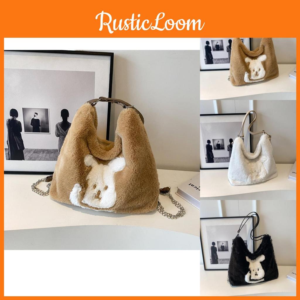 Adorable Plush Cartoon Tote Bag For Women Stylish Large Capacity Shoulder Bag For School And Daily Use In Black Khaki And Cream Colors