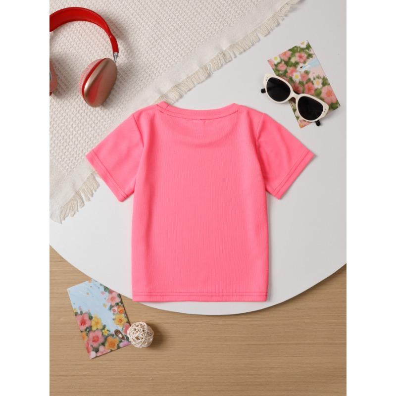 European Size Girls Round Neck Short Sleeved T Shirt with Cartoon Cat Pattern