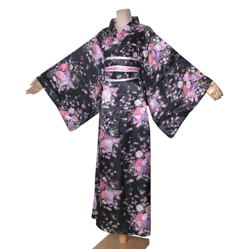 Long Kimono Japanese Style Floral Satin Yukata with Perfect for Fireworks Everyday Summer Kimono Women's Dress, Obi, Festivals, Wear, (KL02-Black)