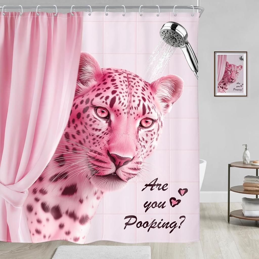 Divertente Tenda da Doccia Rosa Leopardata "Stai Facendo la Cacca?" Arte di Fauna Selvatica Umoristica Decorazione Bagno Safari Retrò con 12 Ganci"