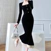 Vintage Velvet Black Bodycon Dress Women Retro Lace Wrap Evening Elegant Party Dresses Slim  Fashion Spring