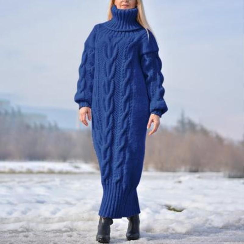 

Жіночий осінньо-зимовий пуловер з довгим рукавом, високою горловиною, вільного крою, з кабельним плетінням, однотонний, елегантний, повсякденна сукня 2XL темно-синього кольору