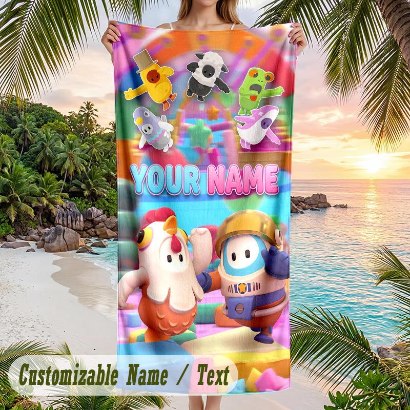 Fall Guys Beach Towel, Personalized Custom Text, Quick Dry Soft Large Towel For Swimming Pool Travel