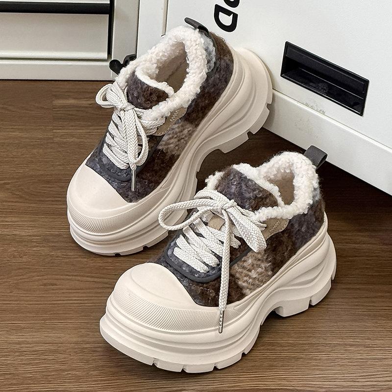 

Leopard print board shoes platform heightening CM new lamb wool fleece lace-up casual sports shoes couple bread shoes 39