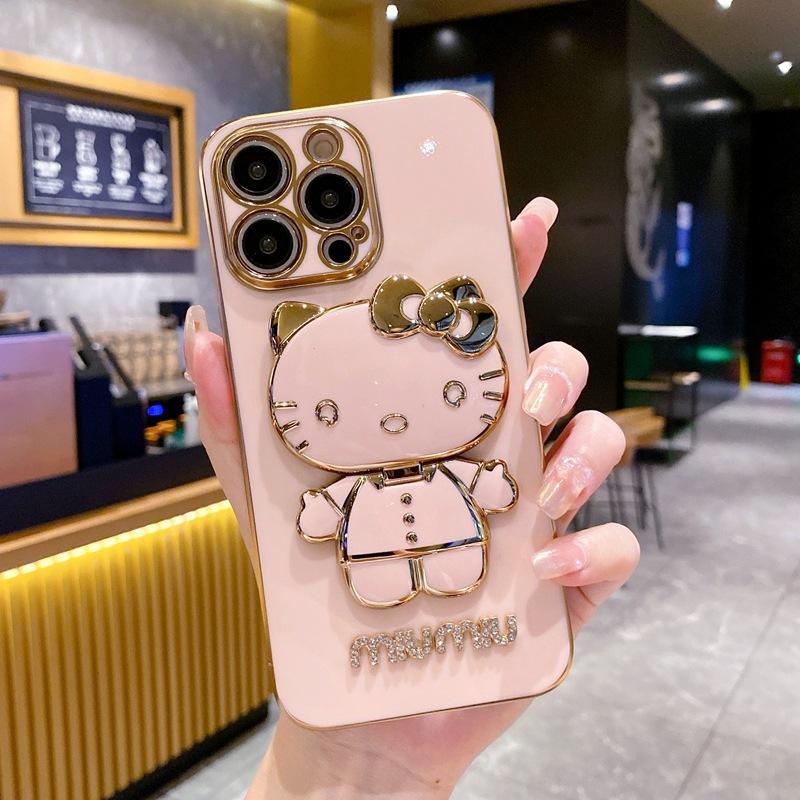 Applicable To Apple 17KT Cat Makeup Mirror Mobile Phone Case iPhone16Pro Bracket 15 Electroplating 14 Fashion Soft