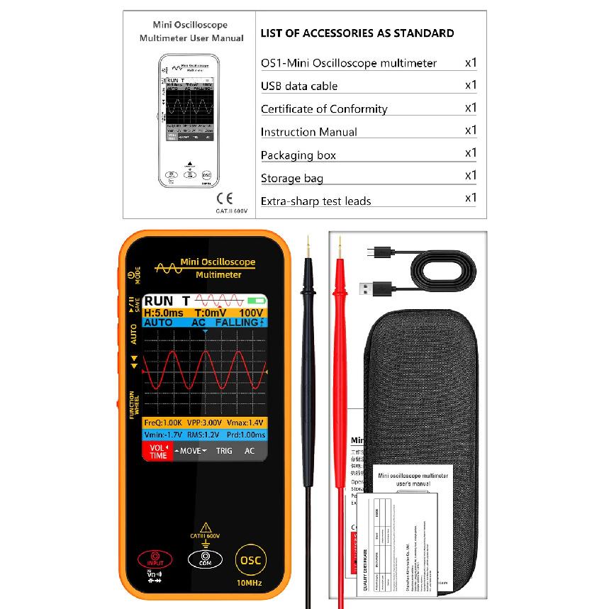 BSIDE OS1 Oscilloscope Multimeter 10MHz Bandwidth 2in1 Meter Auto Waveform Measurement 6000 Counts USB-C 1200mAh professional