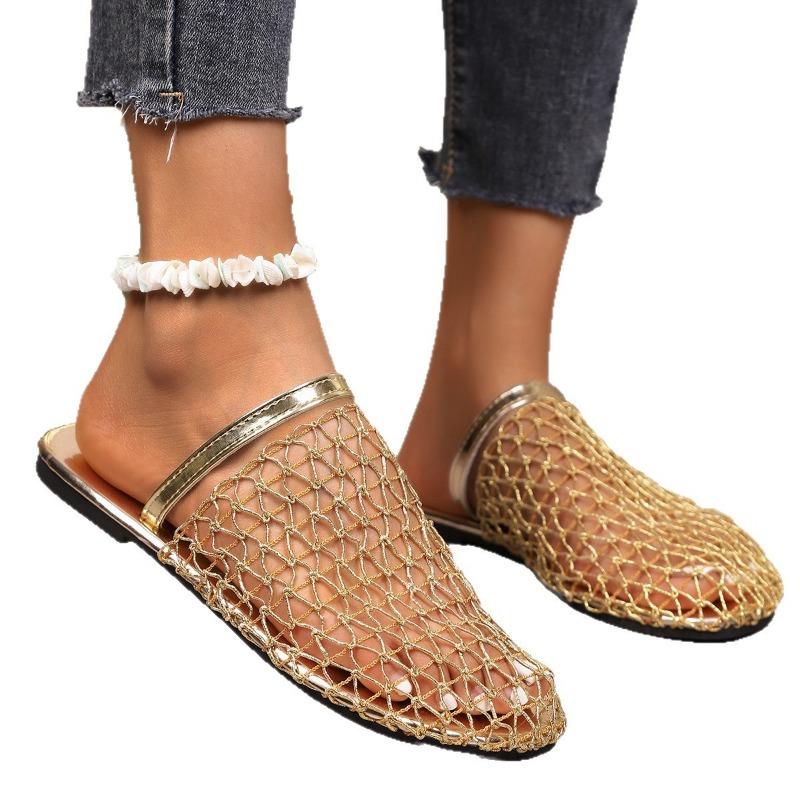 Hollow Mesh Bag Head Flat Bottom Slippers Women Wear Large Size Round Head Beach Cool Slippers Wish