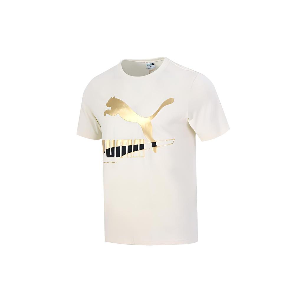 Puma Gold Foil Logo Print Sports Crew Neck T-Shirt Men Tops Off-White 534147-73