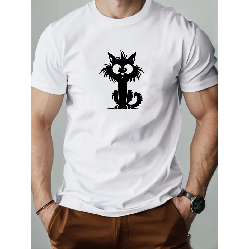

European Size Men s Summer Casual T-Shirt with Cute Cat Design - Soft Cotton, Round Neck, Short Sleeve, Standing Cat Pattern S белый