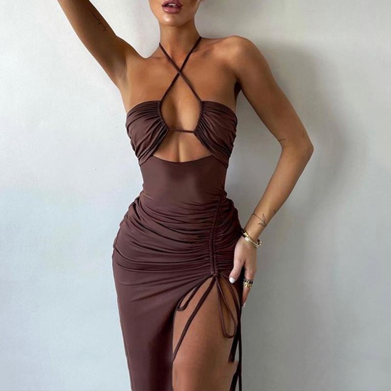 Letní sexy šaty pro ženy bez rukávů s odhalenými zády s výřezy společenské šaty módní šněrovací halterové bodycon elegantní šaty s rozparkem