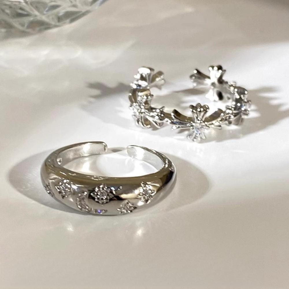 Cold Wind Silver Zircon Cross Ring Niche Design Ins Light Luxury Index Finger Ring Personalized Open Ring