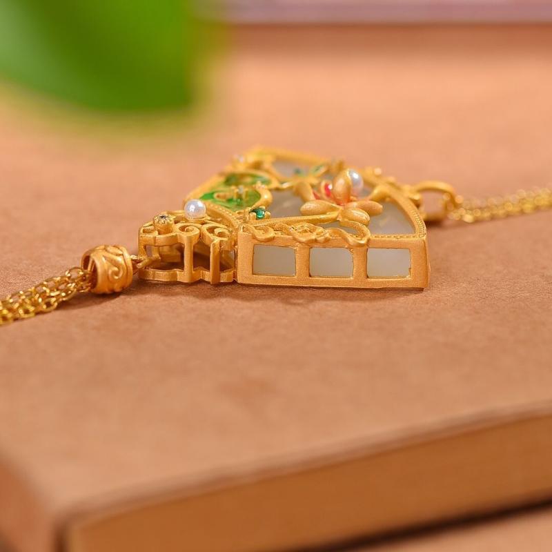 Designer Original  Inlaid Fan-Shaped Lotus Pendant Necklace Elegant And Exquisite Tassel Palace Style Retro Ladies Jewelry