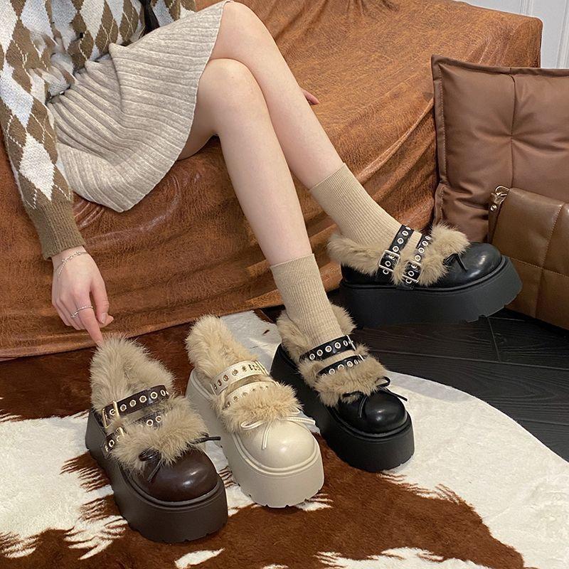 Winter small man heightening Birkenstocks velvet loafers small leather shoes platform hairy Mary Jane shoes women