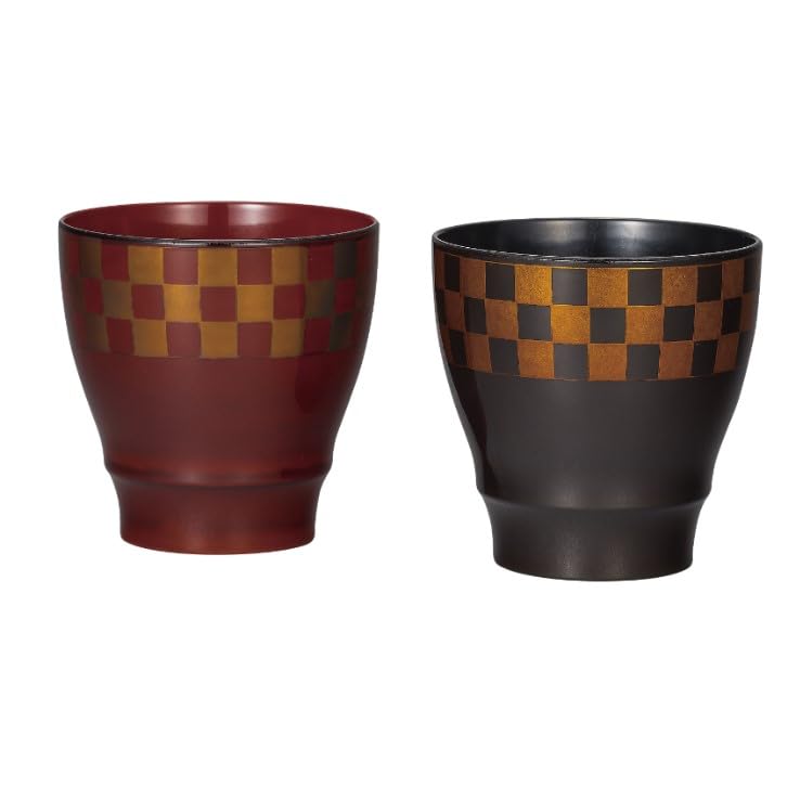

Maeju Lacquerware Pair of Wooden Lacquer Checkered Cups, Sandalwood, Pattern, 6K-103