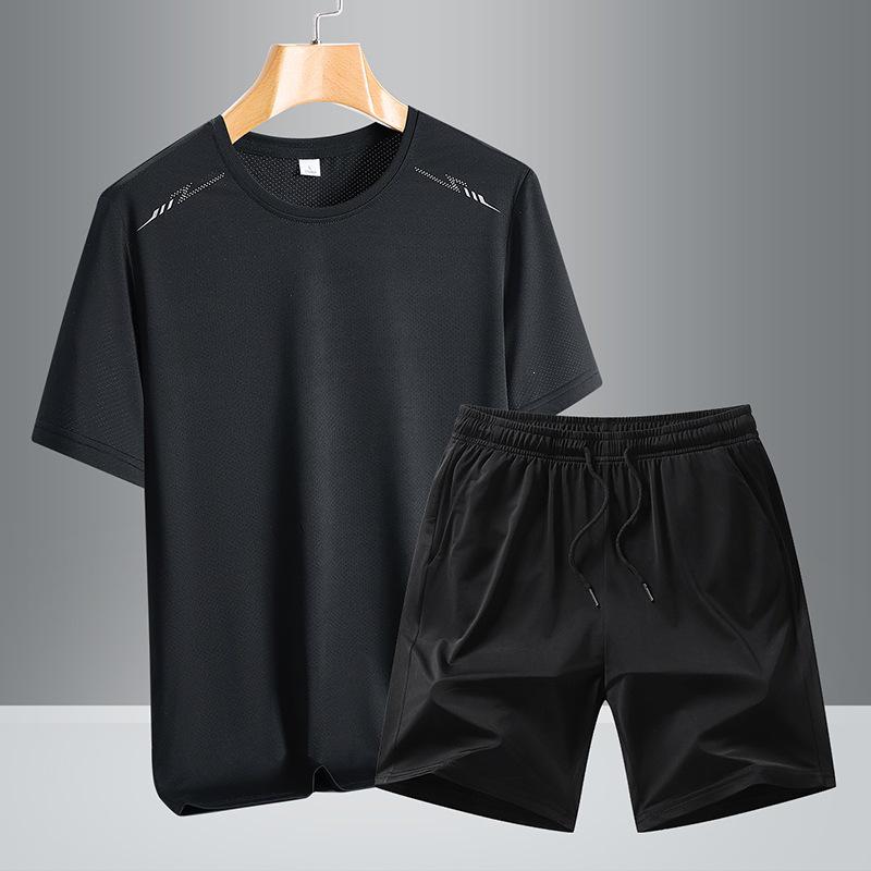Men's Summer Ice Silk Quick-Dry Sports Set: Breathable Short Sleeve & Shorts for Casual Fitness.