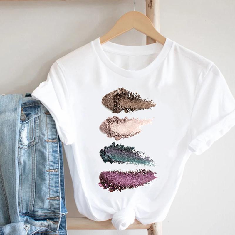 Summer Fashion Women T-shirt Short Striped Make Up Printing Spring Sleeve Lady Print Tee Top Female Clothing Casual Graphic T-shirt