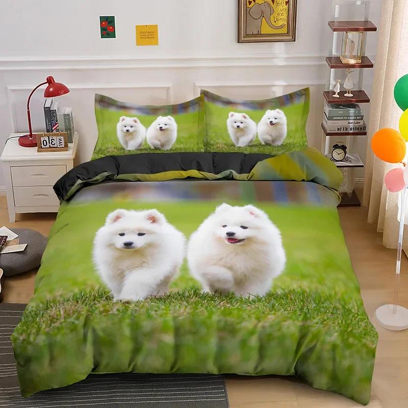 Samojedhund Påslakan King Queen Size Härligt Leende Husdjur Valp Sängkläder Set Vuxna Kvinnor Söt Vit Djur Polyester Täcke