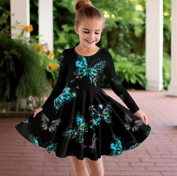 Mädchen Lässiges 3D-Schmetterlingsmuster Print Rundhals Langarm Kleid Kinder Prinzessinnenkleid