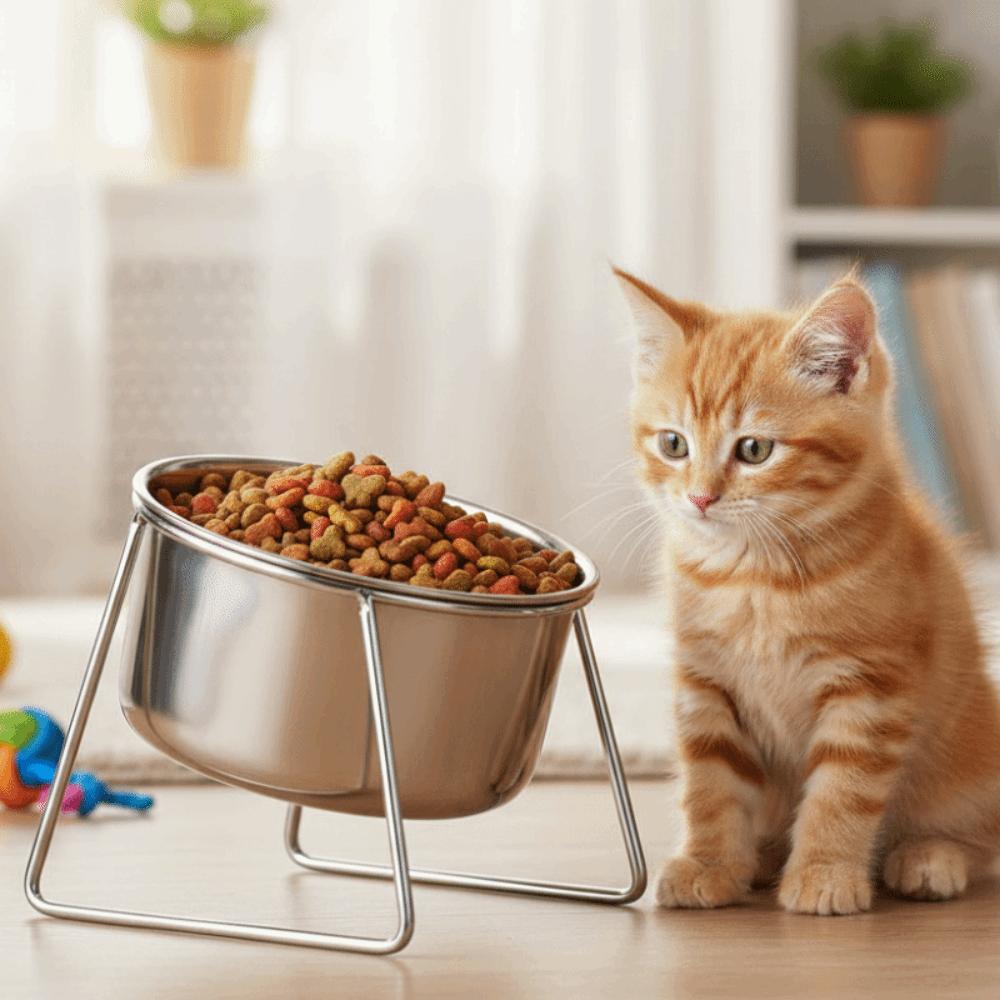 Anti-Tipping Stainless Steel Cat Bowl Fall-Resistant Sturdy Neck Protector Bowl Rust Proof with Stand High Foot Dog Feeder