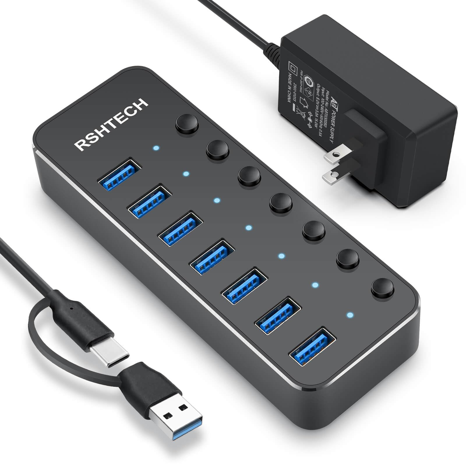 

RSHTECH USB Hub with Power 7 Aluminum 5Gbps and Independent Switches 3.0 Supply, Ports, Construction, High-Speed Transfer, Self-Powered Bus-Powered чорний