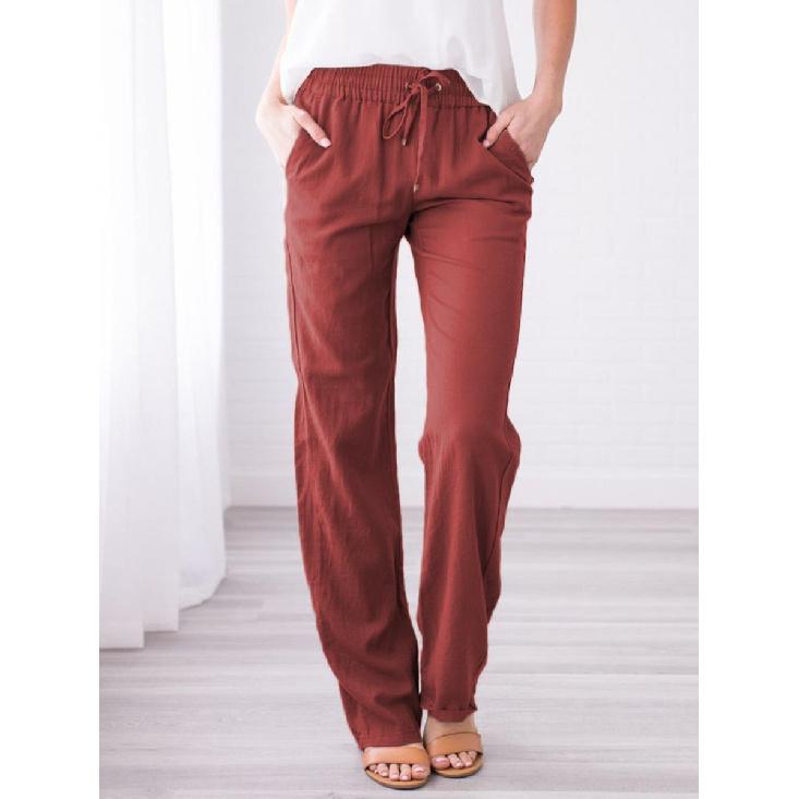 Spring And Summer Women'S Solid Color Cotton And Linen Drawstring Loose Casual Wide Leg Pants