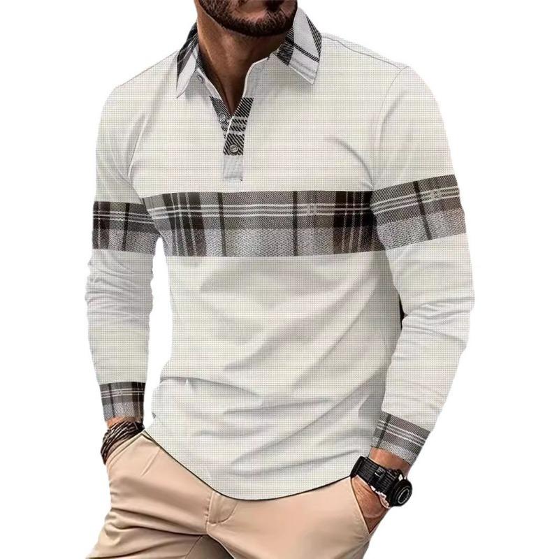 New Men's Casual Polo Shirt Long-Sleeved Colour-Blocked Checkered Button-Down Waffle-Weave Print Long-Sleeved Top