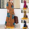 Cotton Linen Printed Lapel Long Sleeved Pocket Simple Loose Artistic Casual Long Shirt Dress