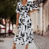 Geometric Pattern Waistband V-neck Long Casual Commuter Dress for Spring Summer Women's Dress Women Clothing