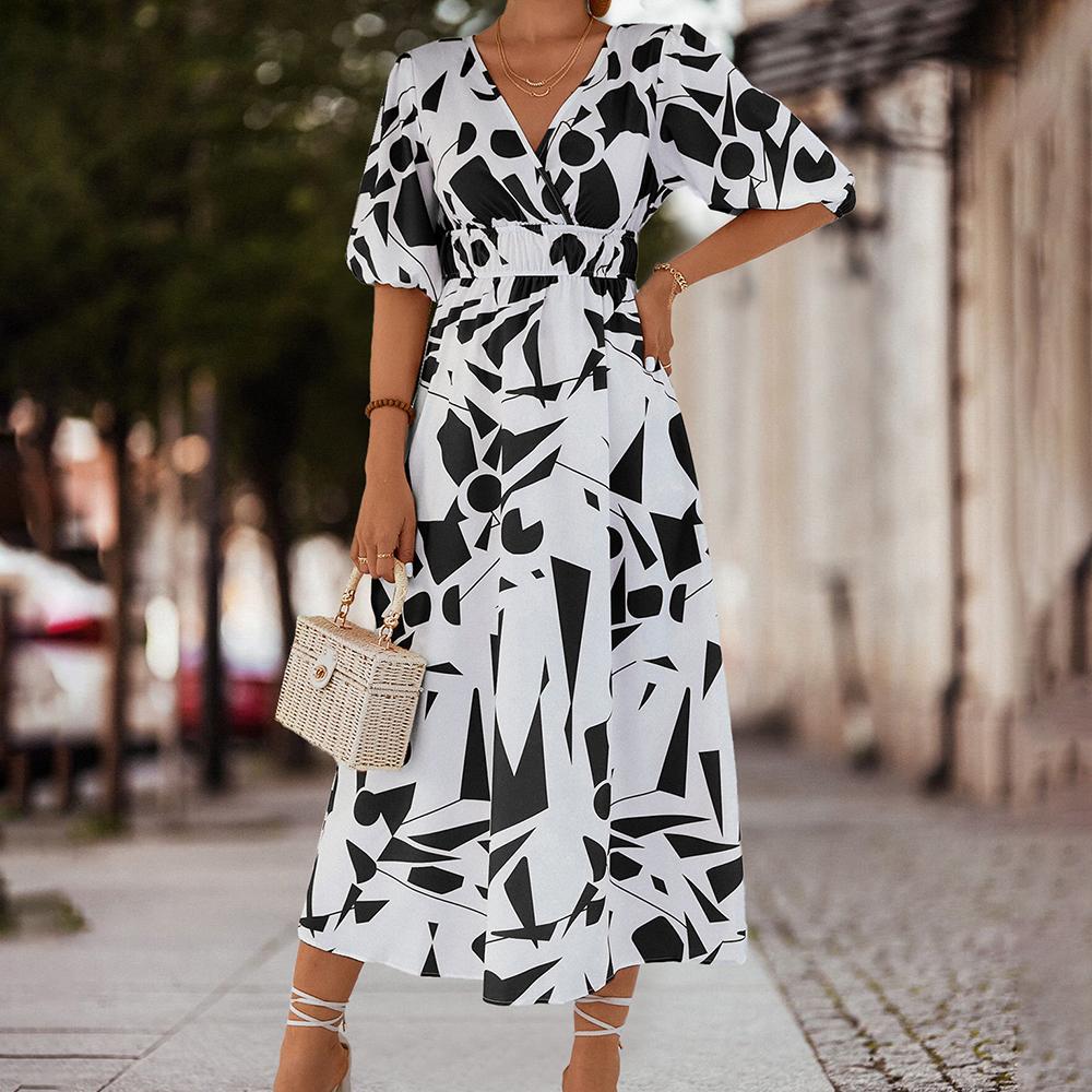 Geometric Pattern Waistband V-neck Long Casual Commuter Dress for Spring Summer Women's Dress Women Clothing