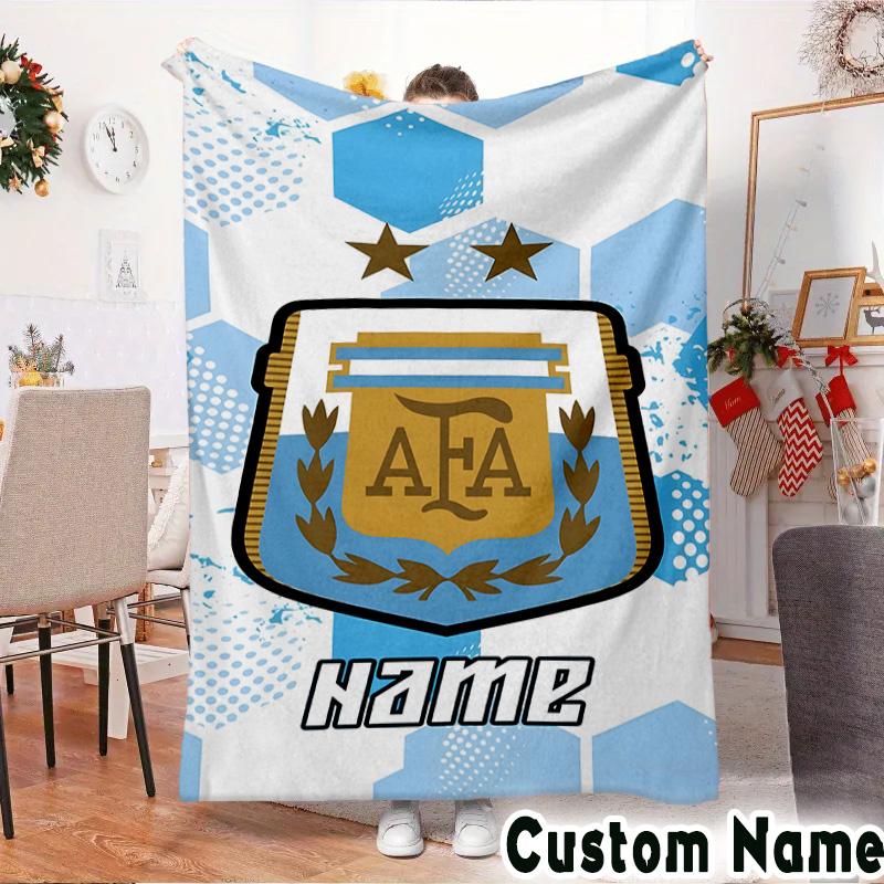 Custom Name Argen-tina Football Crest Throws Blanket Flannel Blankets for Couch Bed Gifts for Men Women Picnic Blanket Christmas Fan Gifts