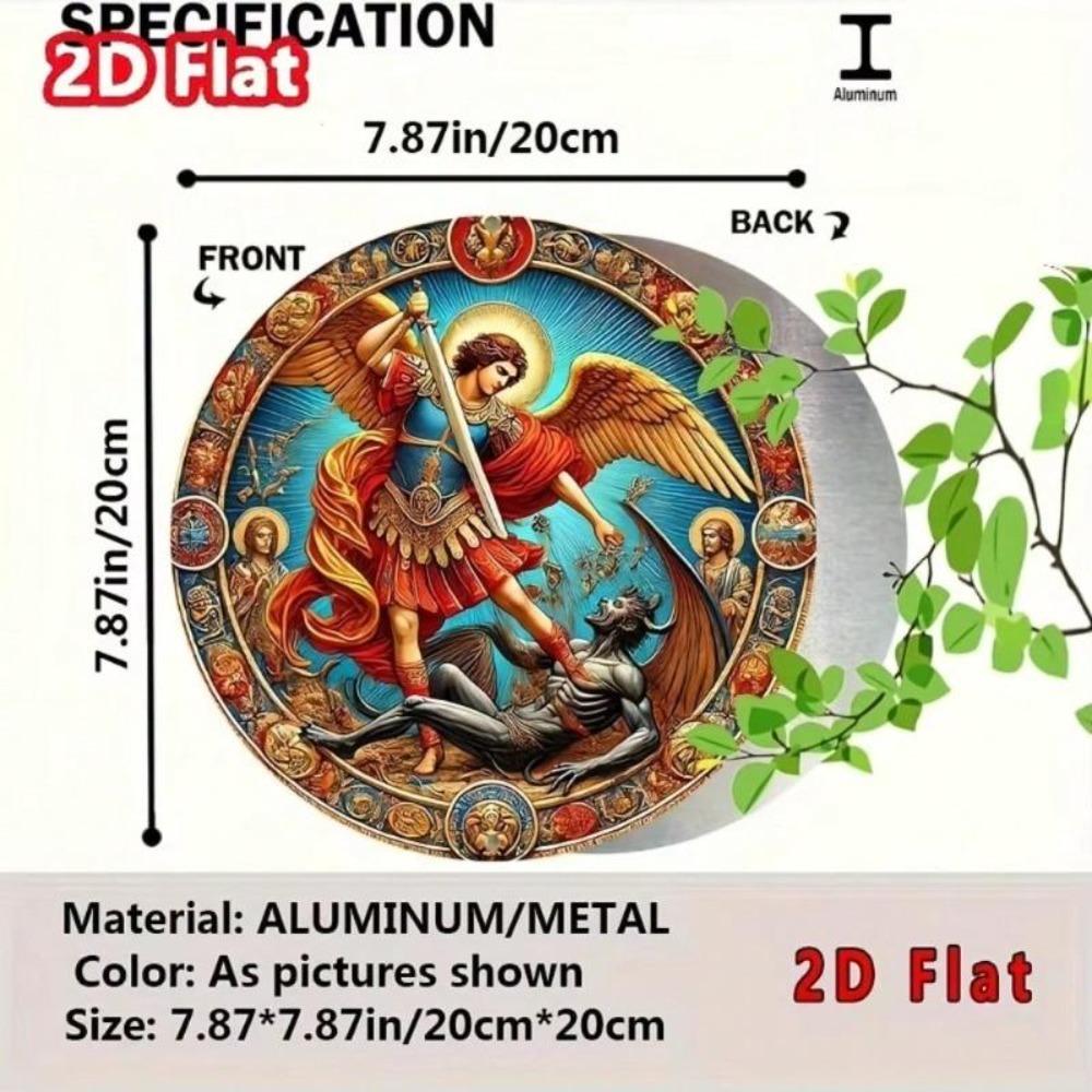 Flache Runde Metall Wanddekoration 2D Vintage Kunstwerk Erzengel Michael Dämon Aluminiumschild 8x8 Zoll