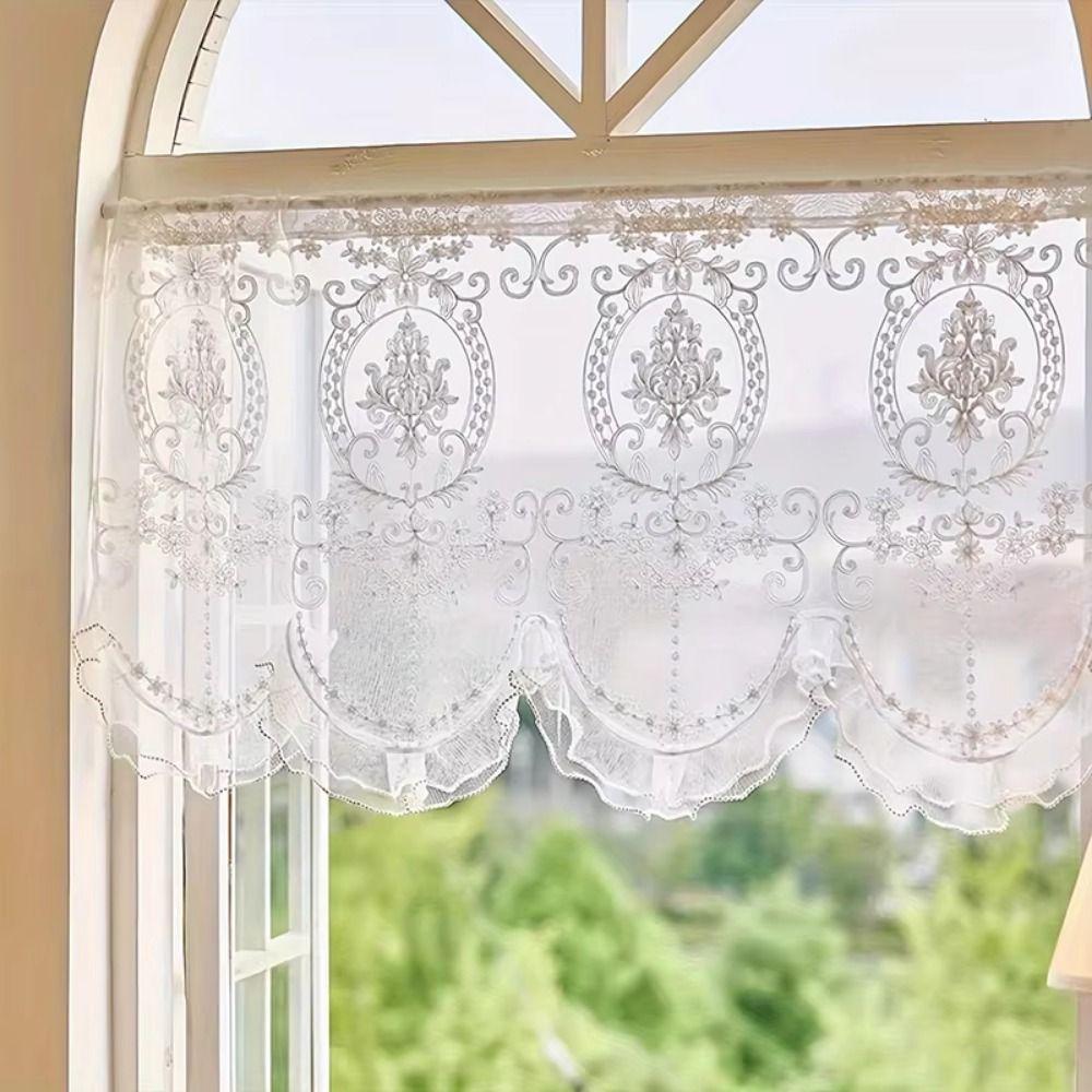 Wavy Edge Beaded Half Yarn Drapes Double Pearls Lace Bottom Floral Short Tulle Drapery  Door