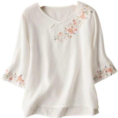 Ny sommar kinesisk stil vikbar broderad skjorta för kvinnor, litterär retro bomull linne lös broderad topp för kvinnor
