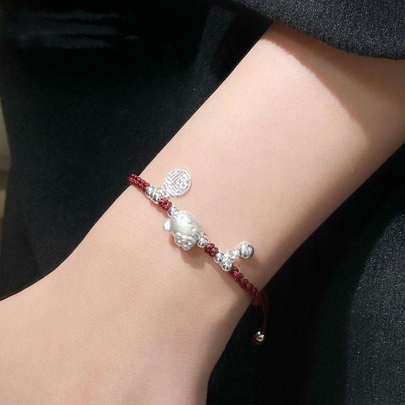 Handmade 999 Sterling Silver Cat Bracelet for Women - Red Woven Rope, Gift for Little Girls