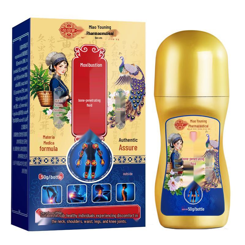 Miao Moxibustion Joint Pain Relief: Herbal Massage Oil with Heating Roller for Knee, Leg, and Cold Legs.