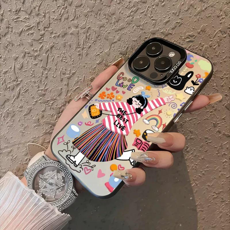 Cute Cartoon Girl Phone Case, Colorful Graffiti Art Mirror Surface Cover, Shockproof Protective Case