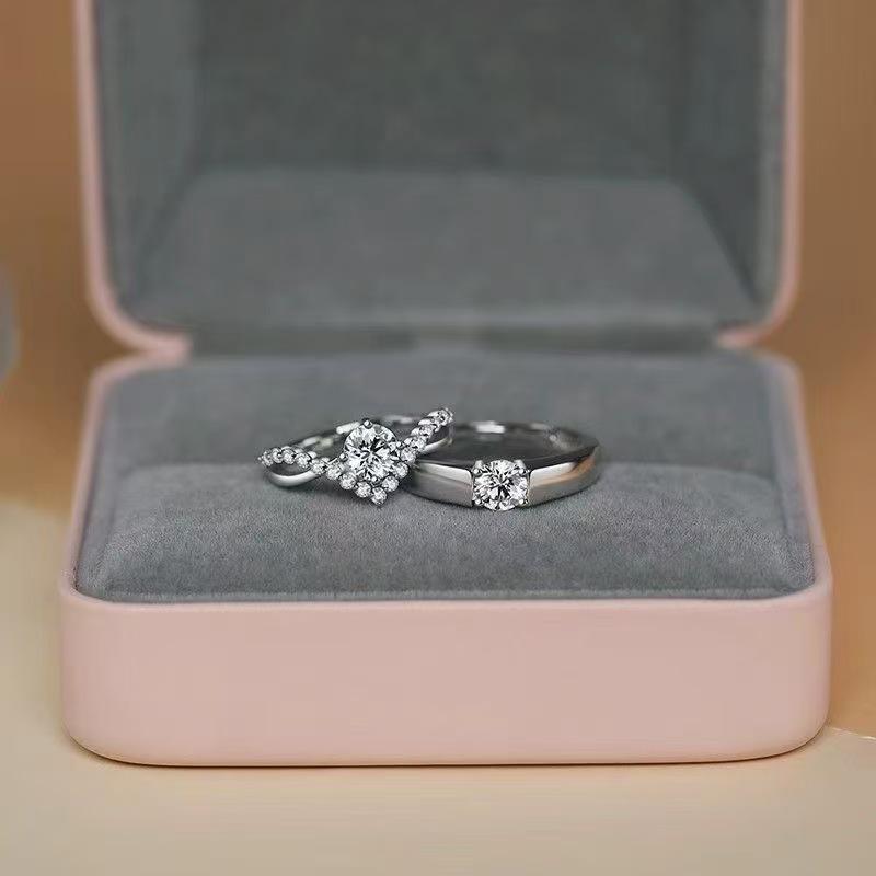 Platinum Gold-Plated Sterling Silver Rings with Diamond Inlay, Classic Four-Claw Crown Design, Matching Couple Style